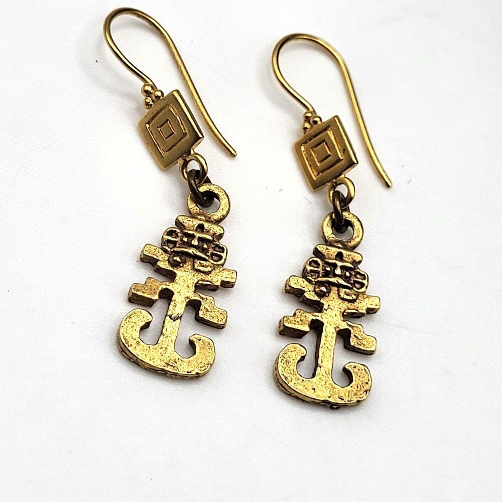 14k Gold Vermeil Mayan Aztec Design Dangle Drop Earrings 1.75in